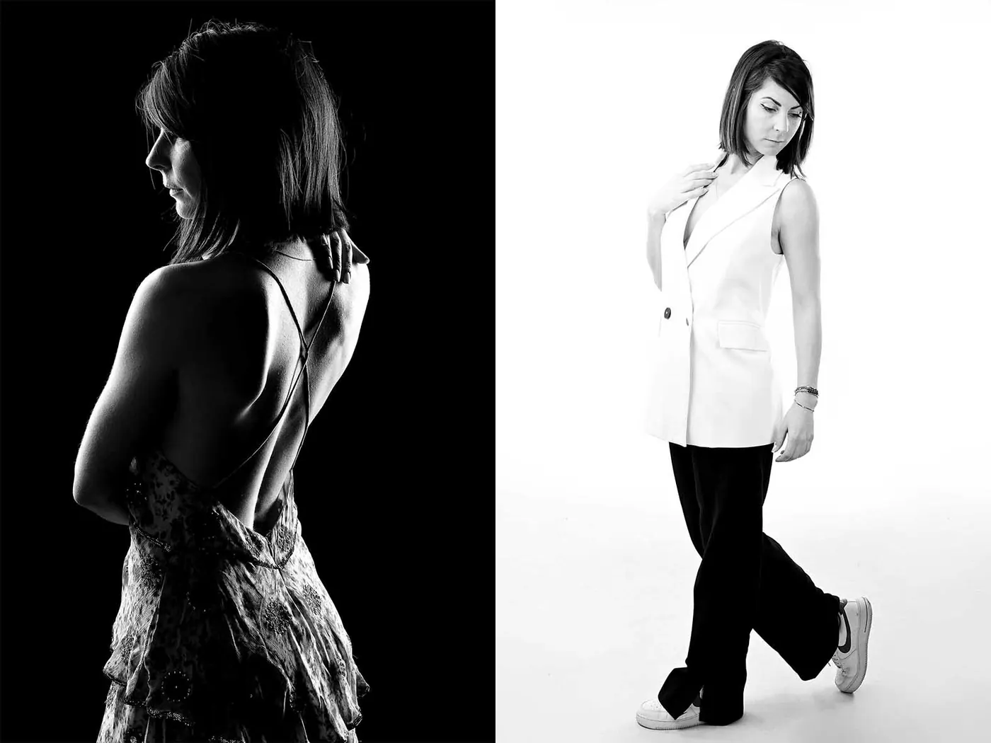 Diptyque de portraits d'une femme réalisés au studio, sur fond noir puis sur fond blanc