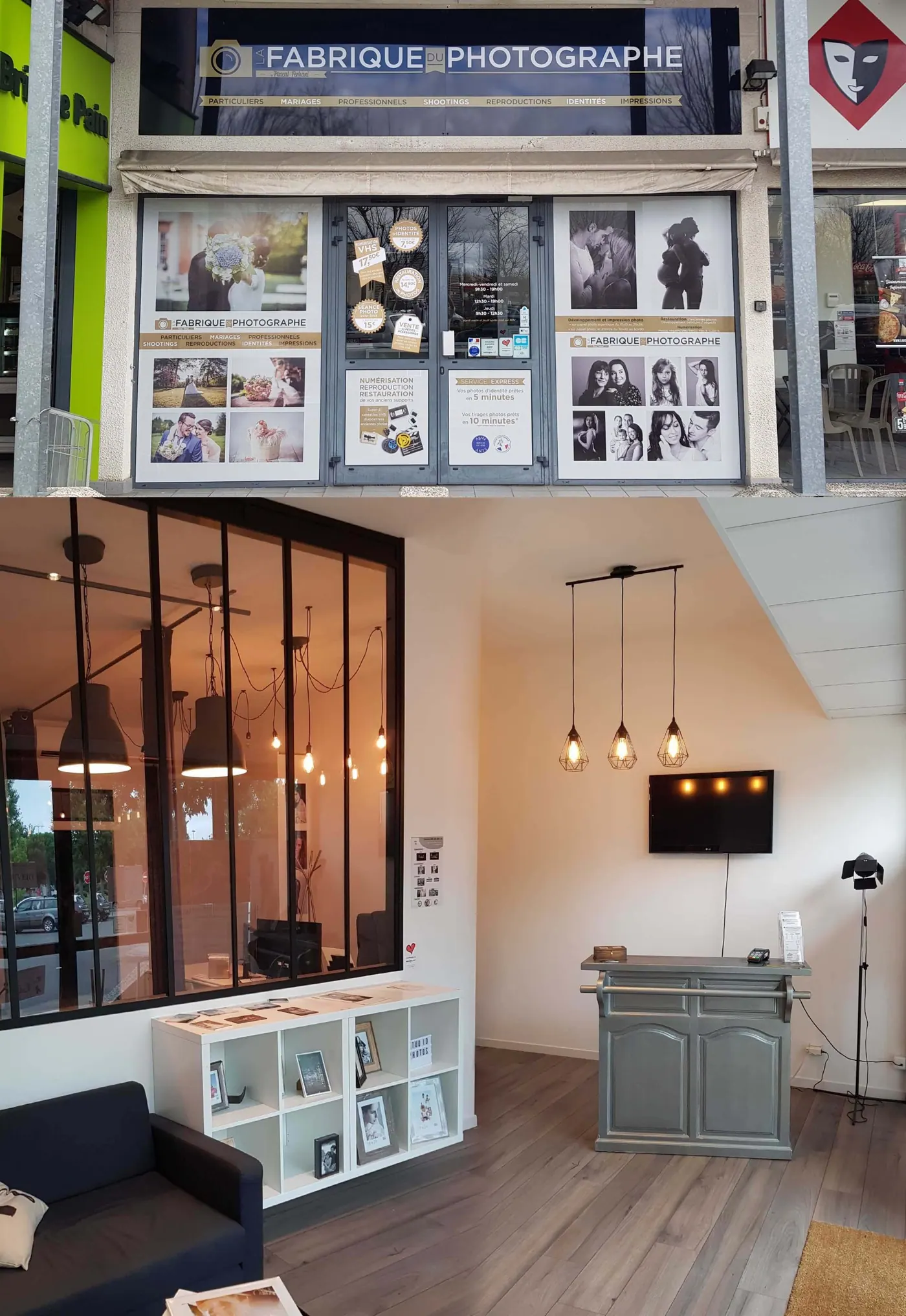 Tirages photo exposés en vitrine du magasin