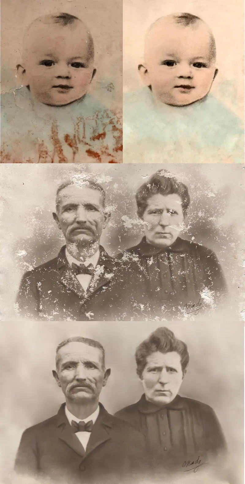 Exemples de restauration : un portrait de bébé et un portrait ancien de couple très abîmés, avant et après retouche numérique