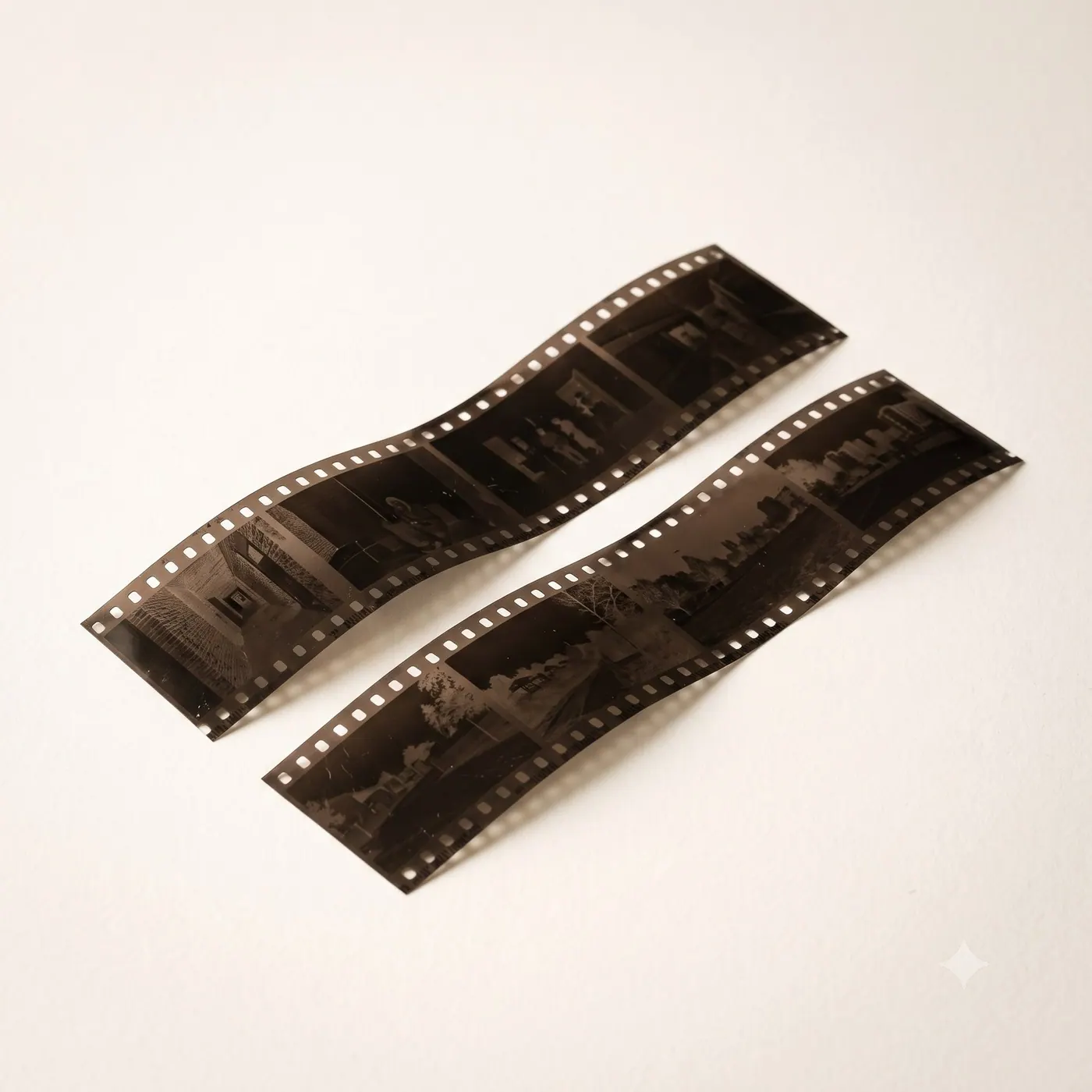 Deux bandes de négatifs photo 35 mm posées à plat