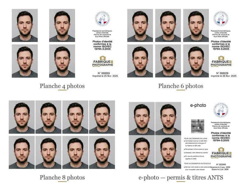 Les planches de photos d'identité du studio : 4 photos, 6 photos et e-photo permis, conformes ANTS